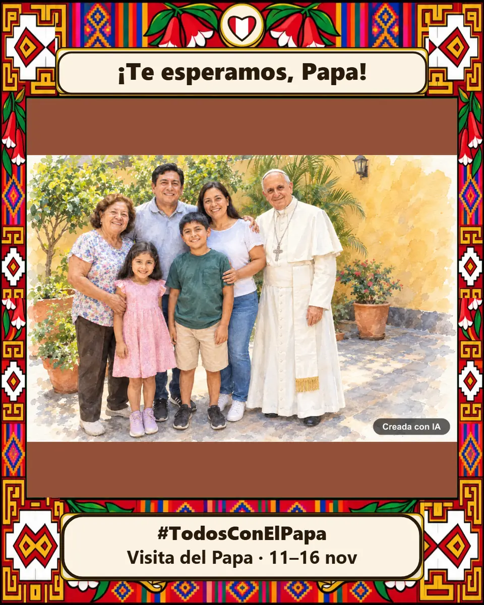 Acuarela creada con IA: una familia de cinco en el patio de su foto, con el Papa de pie junto a ella