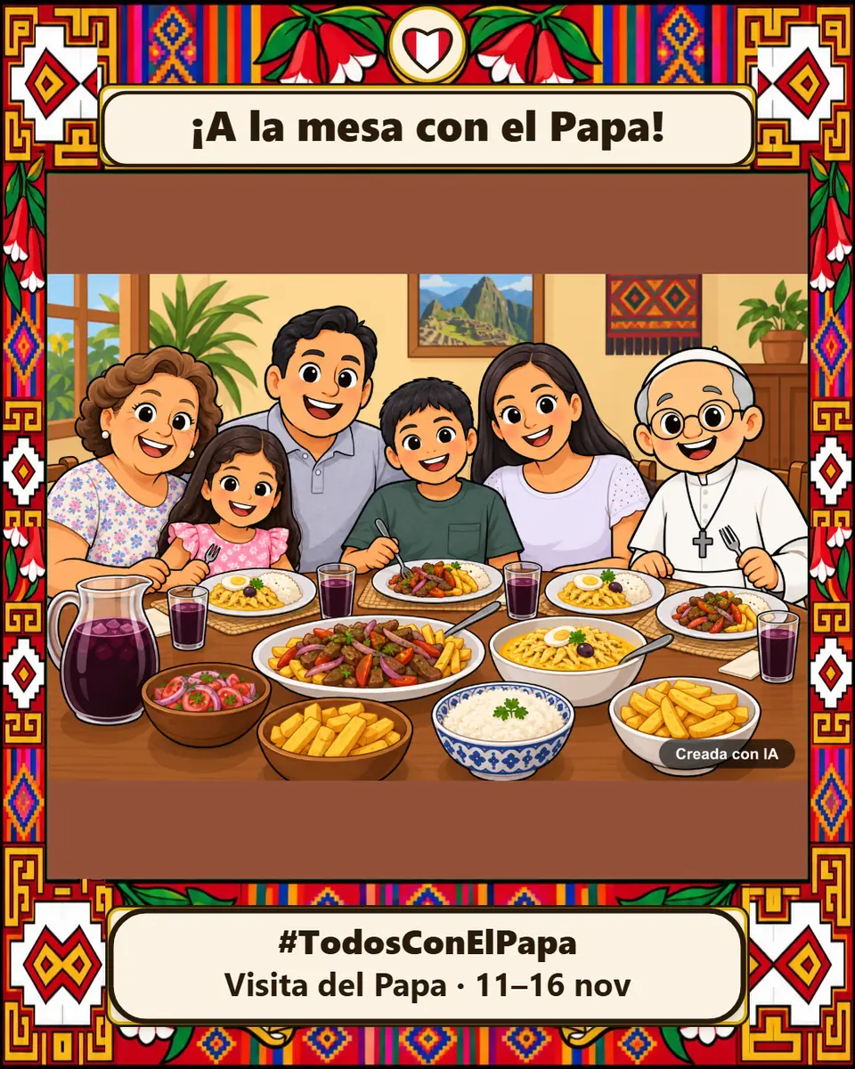Caricatura creada con IA: una familia sentada a la mesa con el Papa en dibujo, ante platos peruanos