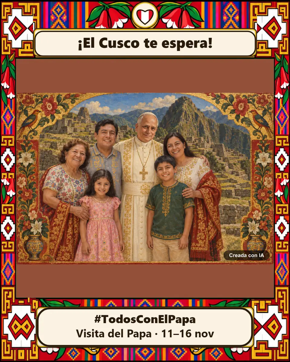 Pintura al estilo de la Escuela Cusqueña creada con IA: una familia de cinco con el Papa en Machu Picchu