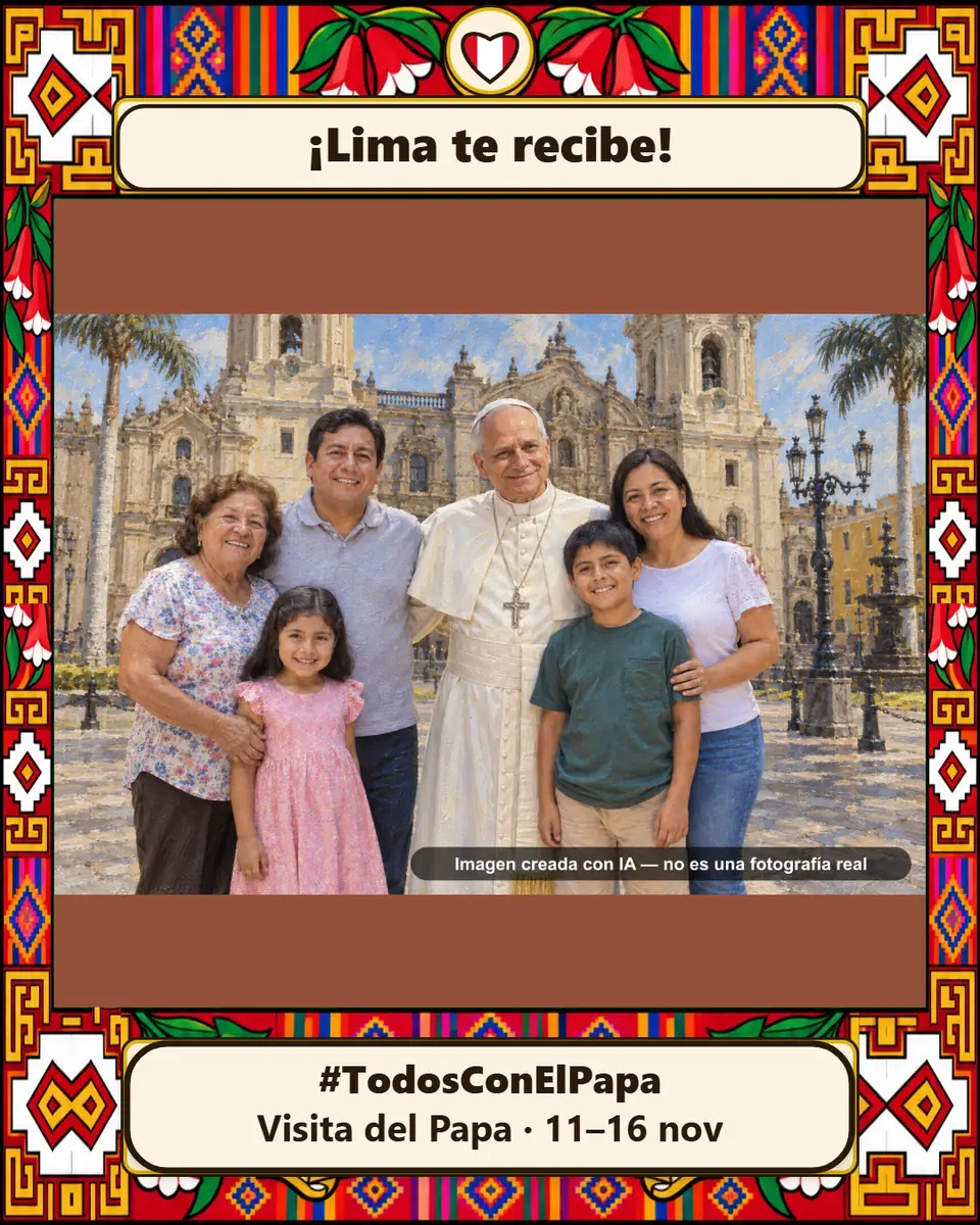 Pintura hiperrealista creada con IA: una familia de cinco con el Papa ante la Catedral de Lima