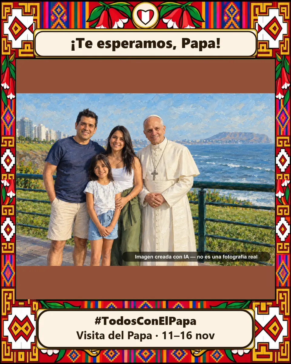 Pintura hiperrealista creada con IA: una familia de tres en el malecón de su foto, con el Papa a su lado