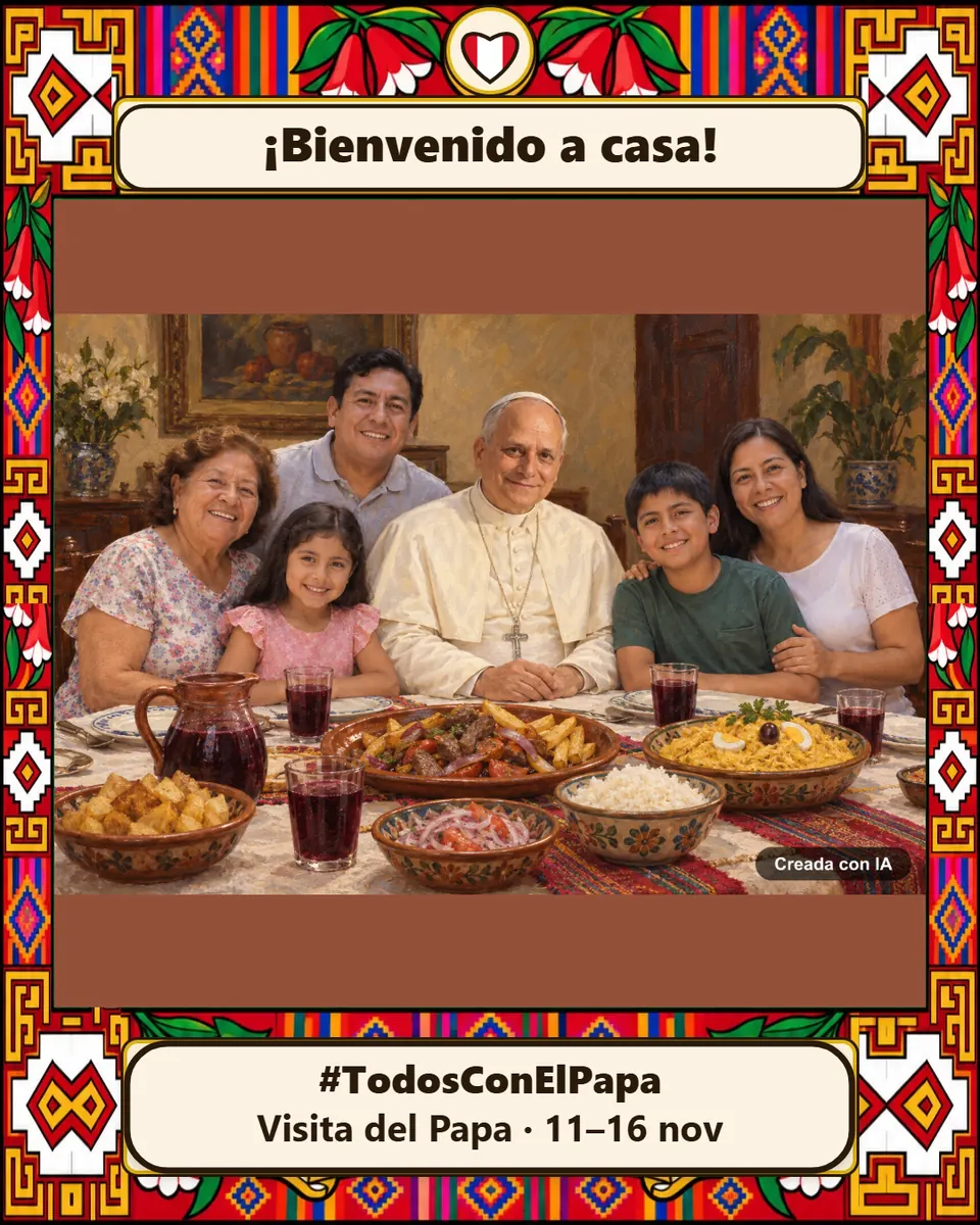 Pintura al óleo creada con IA: una familia sentada a la mesa con el Papa, ante platos peruanos