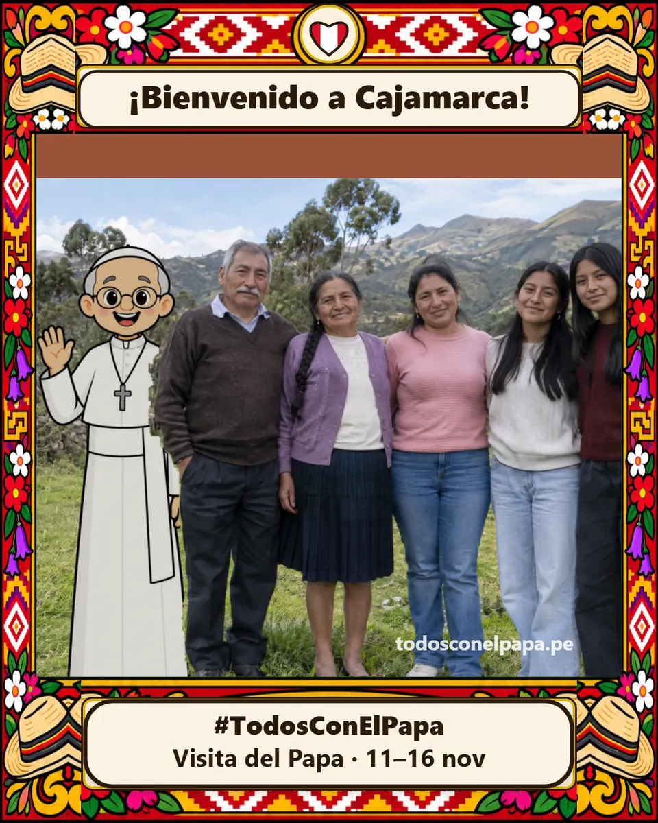 Ejemplo de saludo desde Cajamarca: una familia en su foto, con el Papa dibujado junto a ella
