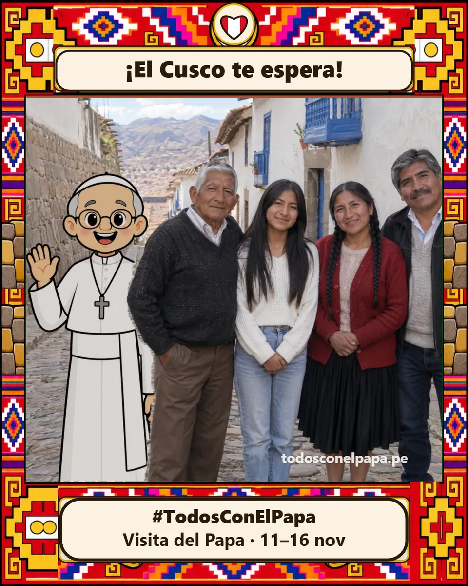 Ejemplo de saludo desde Cusco: una familia en su foto, con el Papa dibujado junto a ella