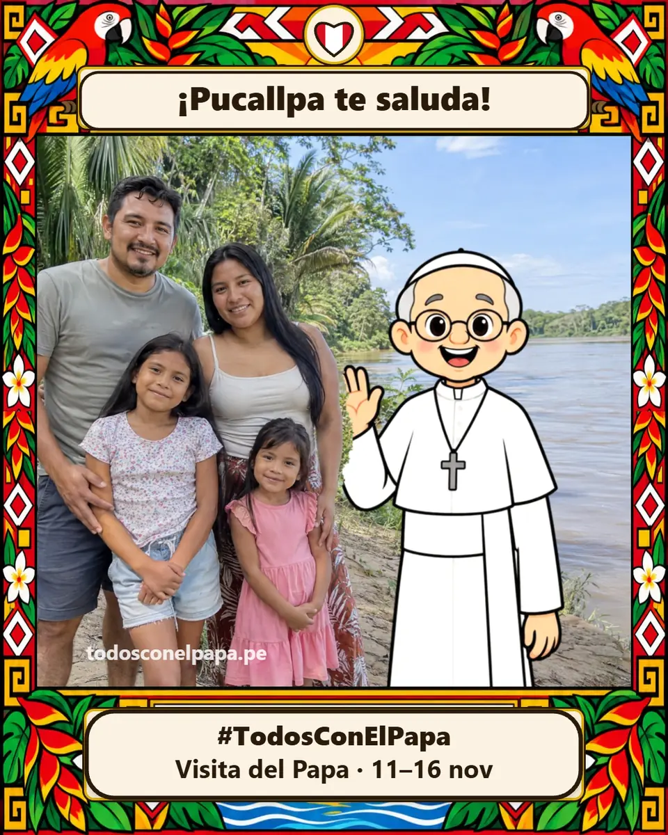 Ejemplo de saludo desde Pucallpa: una familia en su foto, con el Papa dibujado junto a ella