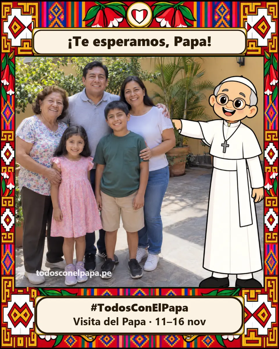 Ejemplo de saludo desde Lima: una familia en su foto, con el Papa dibujado junto a ella