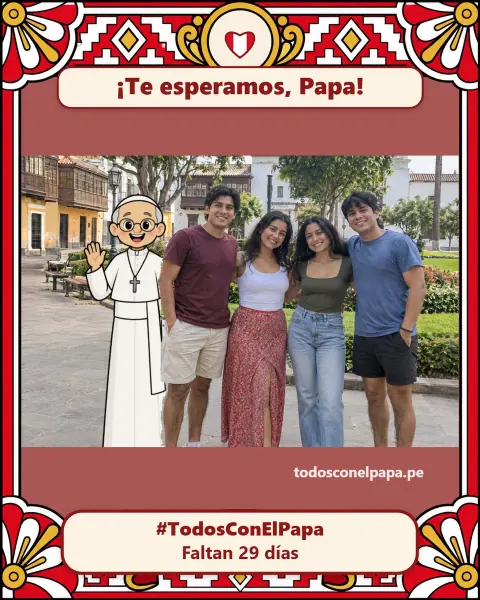 Ejemplo: cuatro amigos con el Papa en dibujo, dentro del marco